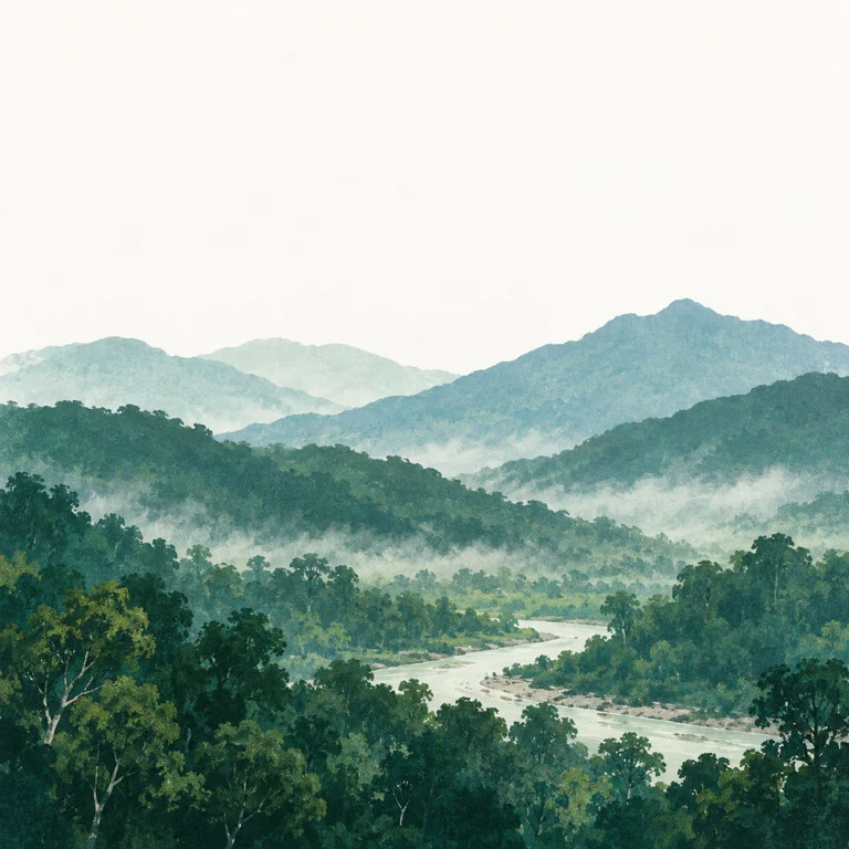Original illustration of green foothills and a quiet river