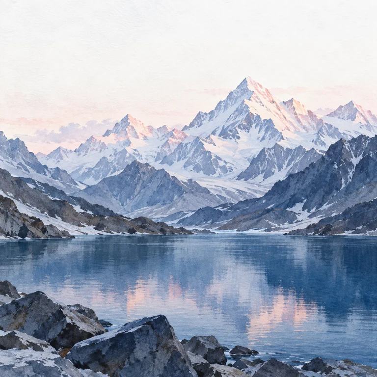 Painting of snowy Himalayan peaks above a blue alpine lake