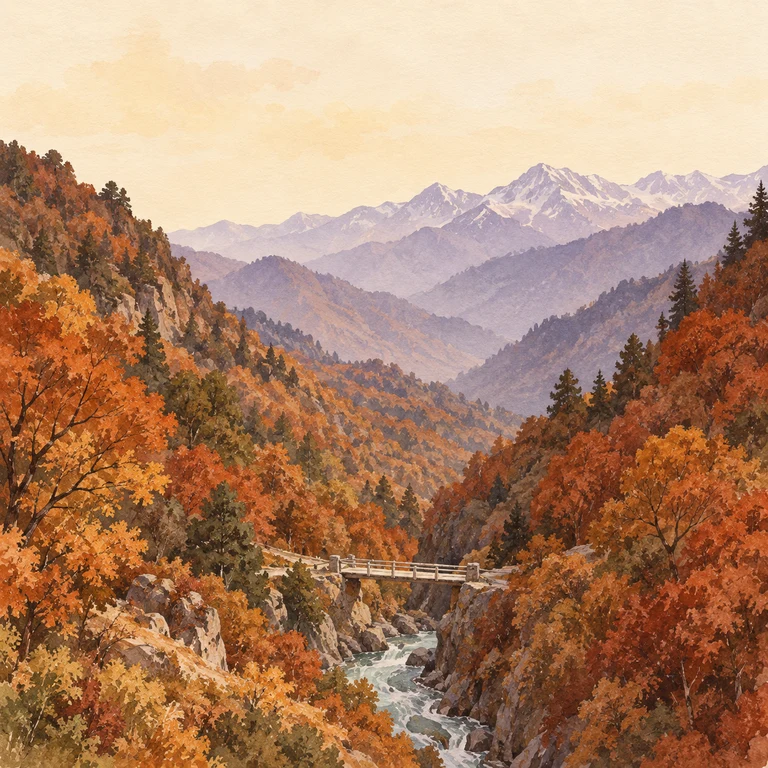 Painting of an autumn forest valley and a small footbridge