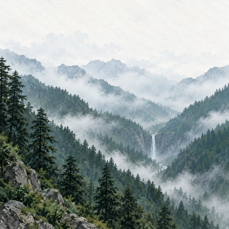 Painting of a misty cedar valley and distant waterfall