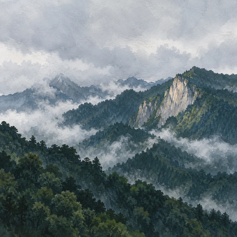 Painting of rain clouds crossing a dark Himalayan ridge