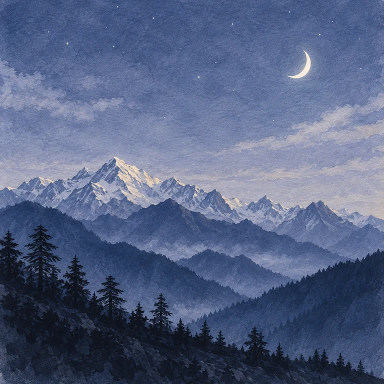 Painting of moonlit Himalayan peaks beneath a crescent moon
