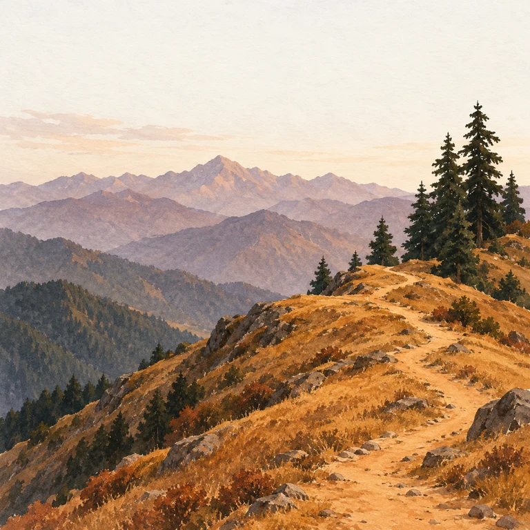 Painting of a golden mountain trail beside pine trees