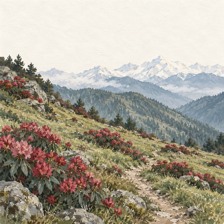 Painting of a Himalayan meadow filled with rhododendrons