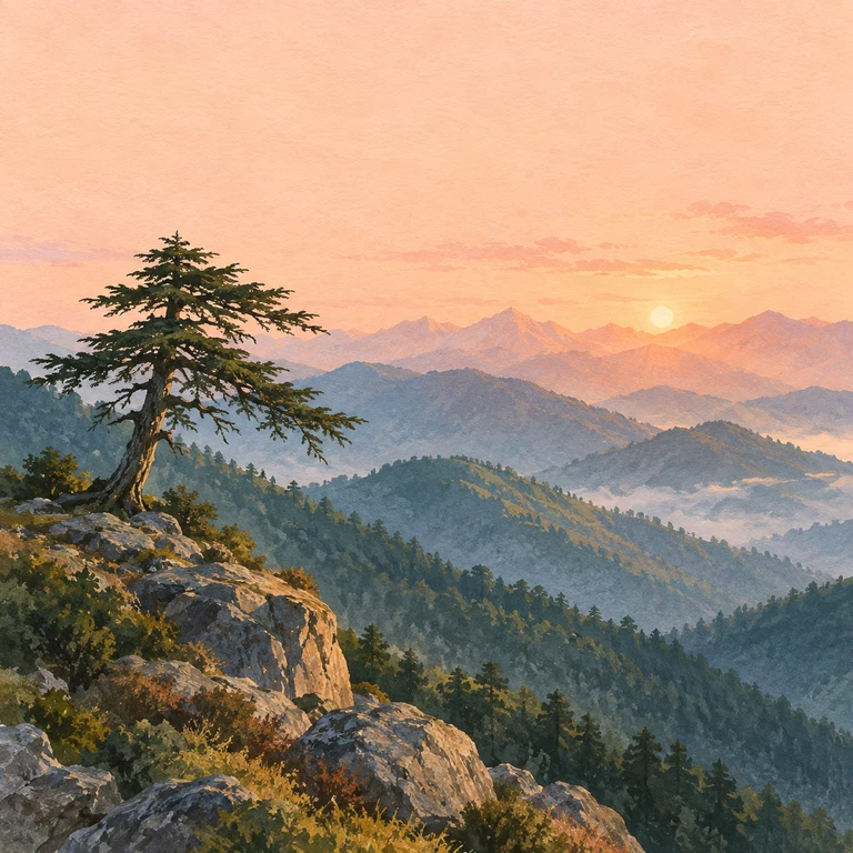 Painting of a lone deodar overlooking mountains at sunrise