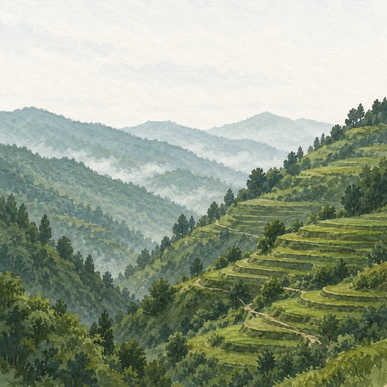 Painting of green terraced hills and misty mountain ridges